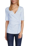 Lands' End Elbow Sleeve Lightweight Jersey Side Tie Blouse In White/periwinkle Tiny Stripe