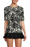 Lands' End Elbow Sleeve Relaxed Upf 50 Rash Guard In Black/egret White Leaf Scroll