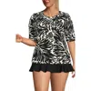 Lands' End Elbow Sleeve Relaxed Upf 50 Rash Guard In Black/egret White Leaf Scroll