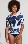 Lands' End Elbow Sleeve Relaxed Upf 50 Rash Guard In White/navy Lilies Placement