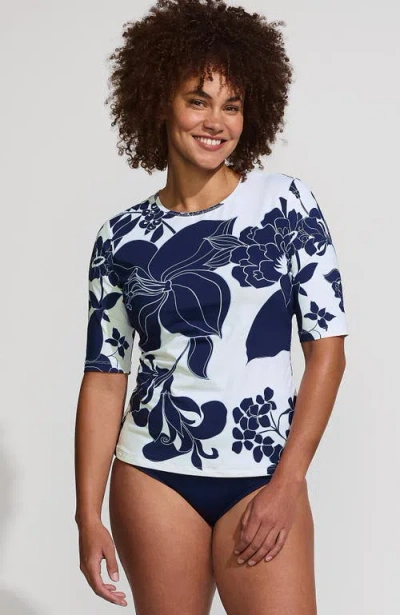 Lands' End Elbow Sleeve Relaxed Upf 50 Rash Guard In White/navy Lilies Placement