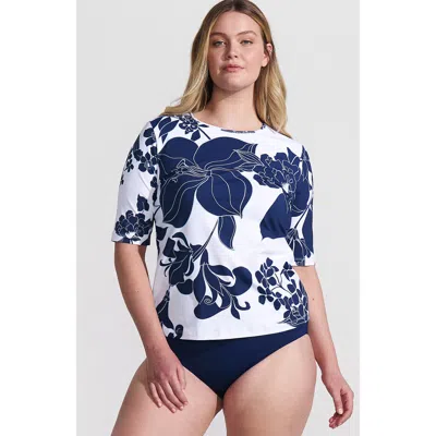 Lands' End Elbow Sleeve Relaxed Upf 50 Rash Guard In White/navy Lilies Placement
