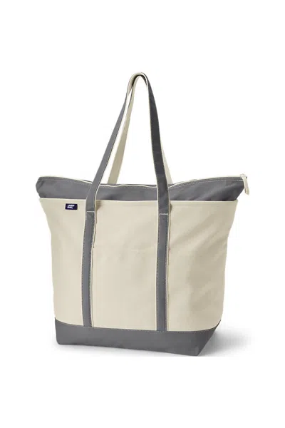 Lands' End Extra Large 5 Pocket Zip Top Long Handle Canvas Tote Bag In White