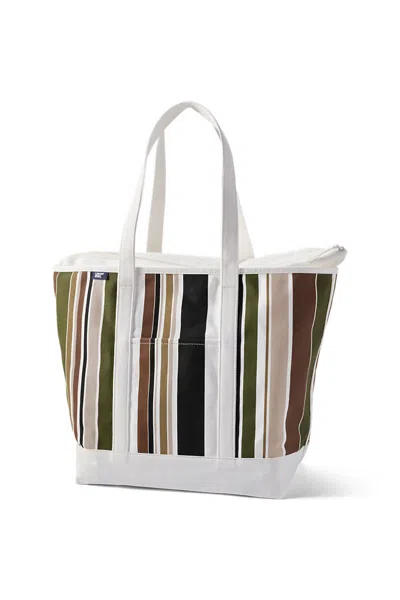 Lands' End Extra Large Print 5 Pocket Zip Top Long Handle Canvas Tote Bag In White