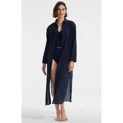 Lands' End Eyelet Button Down Maxi Cover-up Dress In Blue