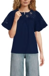 Lands' End Eyelet Crew Puff Sleeve Top In Deep Sea Navy