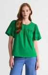 Lands' End Eyelet Crew Puff Sleeve Top In Vibrant Clover