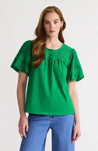 Lands' End Eyelet Crew Puff Sleeve Top In Vibrant Clover