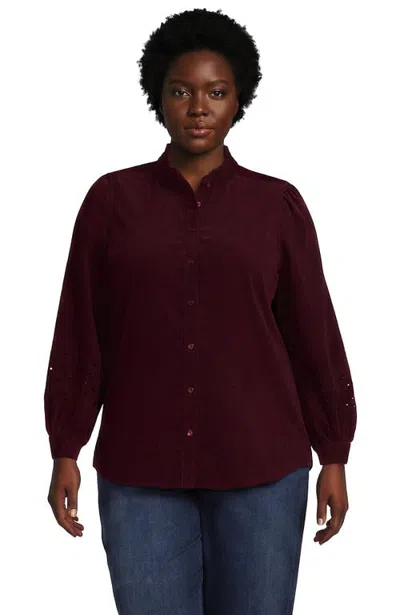 Lands' End Eyelet Sleeve Pinwale Corduroy Shirt In Burgundy