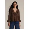 Lands' End Feminine Ruffle Chiffon V Neck Blouse In Brown