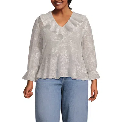 Lands' End Feminine Ruffle Chiffon V Neck Blouse In Gray