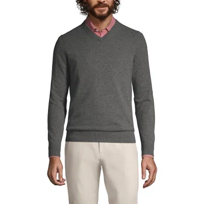 Lands' End Fine Gauge Cashmere V-neck Sweater In Charcoal Heather