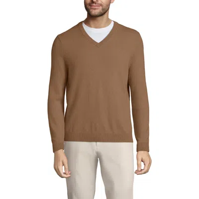 Lands' End Fine Gauge Cashmere V-neck Sweater In Classic Camel