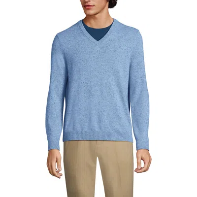 Lands' End Fine Gauge Cashmere V-neck Sweater In Cloudy Blue Heather Donegal