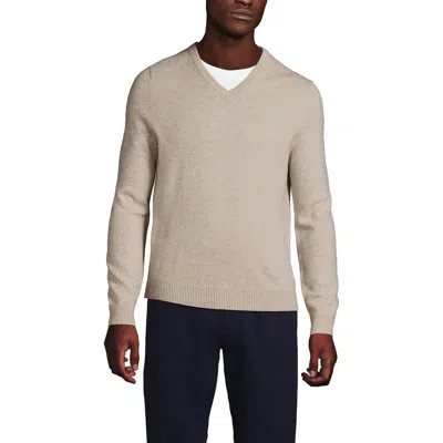 Lands' End Fine Gauge Cashmere V-neck Sweater In Soft Driftwood Heather