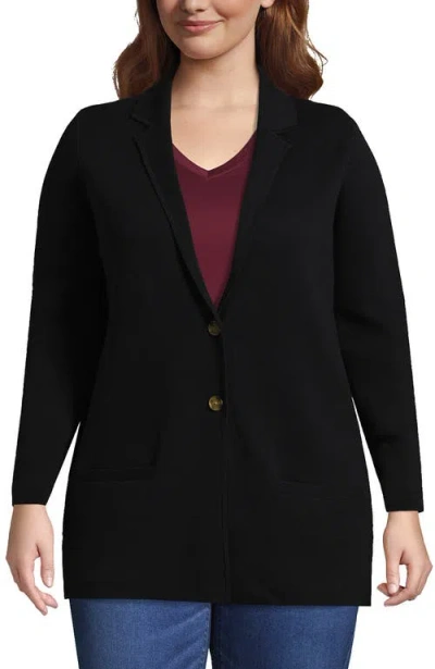 Lands' End Plus Size Fine Gauge Cotton Button Front Blazer Sweater In Black