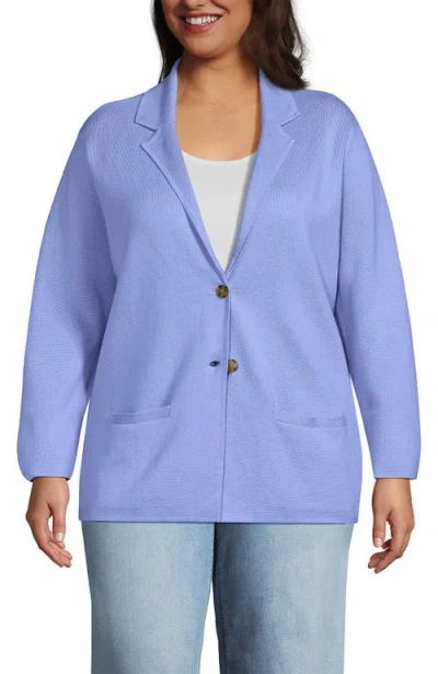Lands' End Plus Size Fine Gauge Cotton Button Front Blazer Sweater In Light Periwinkle