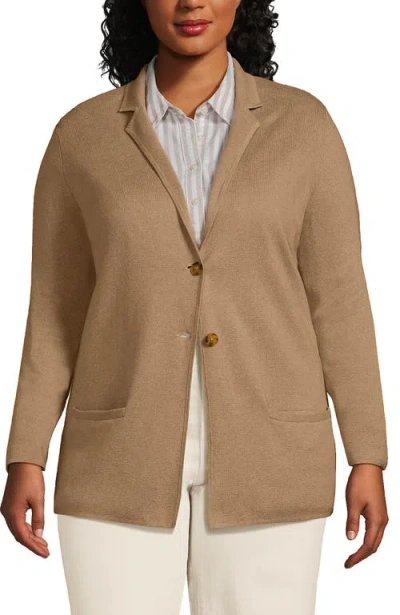 Lands' End Plus Size Fine Gauge Cotton Button Front Blazer Sweater In Vicuna Heather