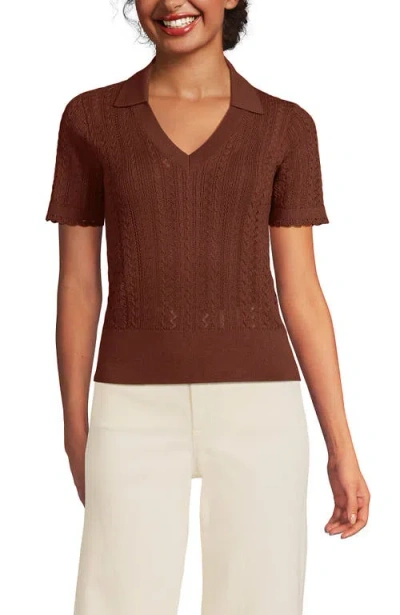 Lands' End Fine Gauge Cotton Pointelle Polo Sweater In Brown