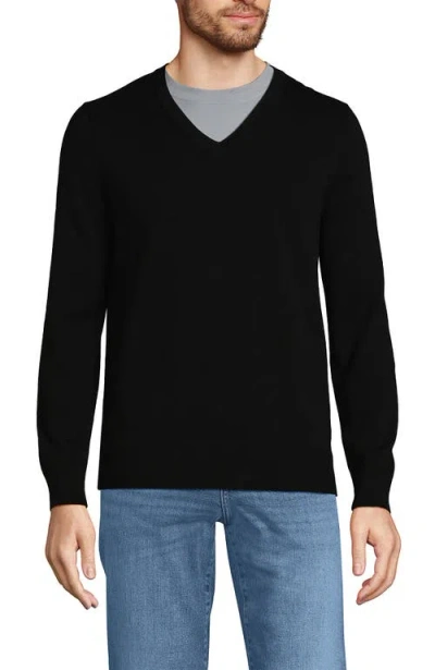 Lands' End Fine Gauge Cotton V Neck Sweater In Black