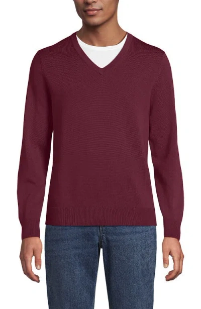 Lands' End Fine Gauge Cotton V Neck Sweater In Burgundy