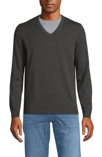 Lands' End Fine Gauge Cotton V Neck Sweater In Gray