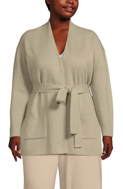 Lands' End Fine Gauge Milano Belted Long Line Cardigan Sweater In Champagne Heather