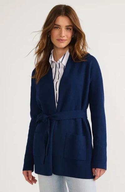 Lands' End Fine Gauge Milano Belted Long Line Cardigan Sweater In Deep Sea Navy