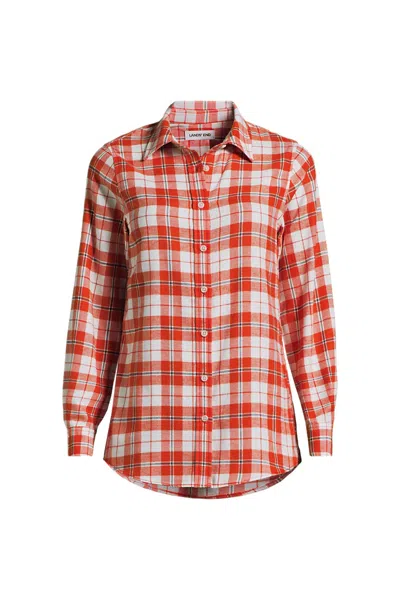Lands' End Flannel Boyfriend Long Sleeve Shirt In Orange