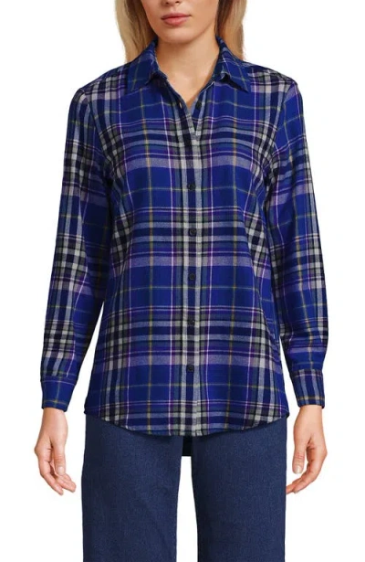 Lands' End Flannel Shirt In Cobalt Blue/bright Grape Plaid