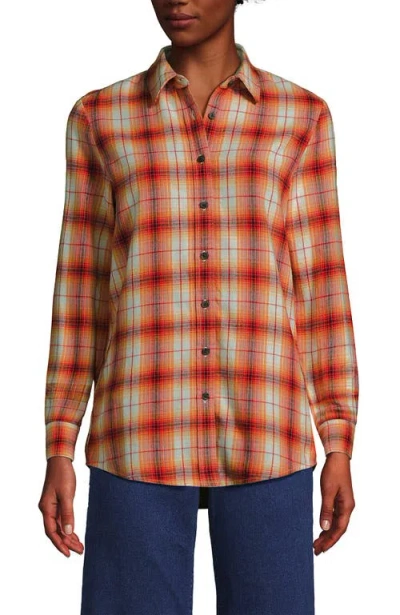 Lands' End Plus Size Flannel Boyfriend Fit Long Sleeve Shirt In Dark Orange Plaid