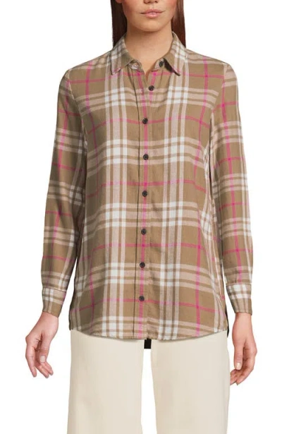 Lands' End Flannel Boyfriend Fit Shirt In Honey Beige Plaid