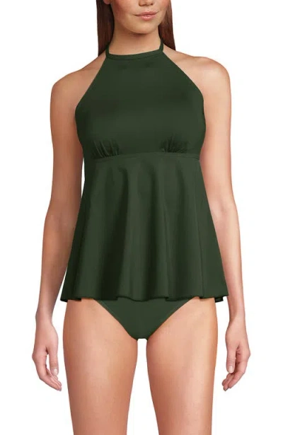 Lands' End Flutter High Neck Halter Tankini Top In Green