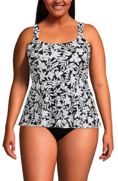 Lands' End Plus Size Flutter Scoop Neck Tankini Top In Black Havana Floral