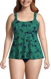 Lands' End Plus Size Flutter Scoop Neck Tankini Top In Navy/emerald Palm Foliage