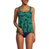 Lands' End Adjustable Scoop Neck Flutter Tankini Top In Navy/emerald Palm Foliage
