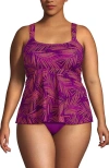 Lands' End Adjustable Scoop Neck Flutter Tankini Top In Violet Rose Stipple Palm