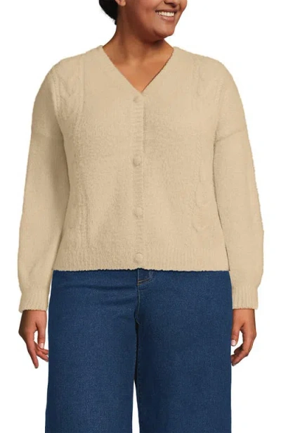 Lands' End Fuzzy Eyelash Cable Cardigan Sweater In Neutral