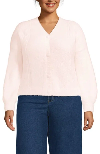 Lands' End Fuzzy Eyelash Cable Cardigan Sweater In Pink