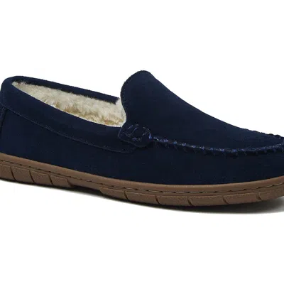 Lands' End Fuzzy Lined Suede Moccasin Slippers In Blue