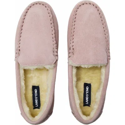 Lands' End Fuzzy Lined Suede Moccasin Slippers In Pink