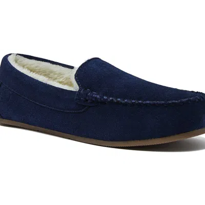 Lands' End Fuzzy Lined Suede Moccasin Slippers In Radiant Navy Suede