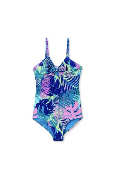 Lands' End Babies'  Girls Chlorine Resistant Cutout One Piece Swimsuit In Blue Palm Print
