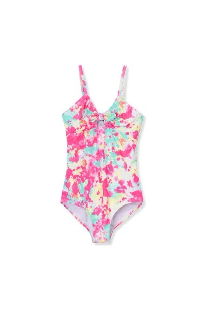 Lands' End Babies'  Girls Chlorine Resistant Cutout One Piece Swimsuit In Bright Pink Aqua Splatter