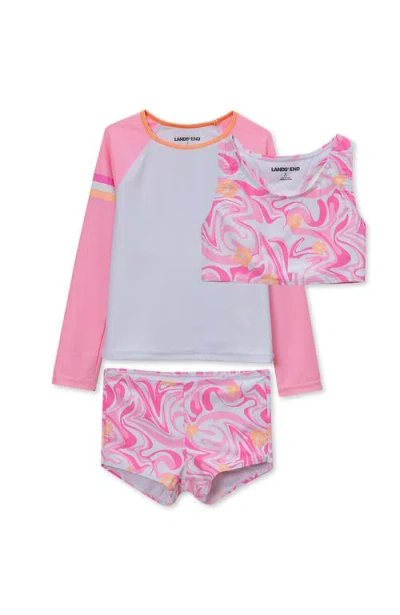 Lands' End Kids'  Girls Chlorine Resistant Long Sleeve Rash Guard Boyshort 3 Piece Swimsuit Set In Pink