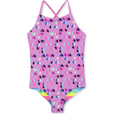 Lands' End Kids'  Girls Chlorine Resistant Reversible One Piece Swimsuit In Pink Hearts/multi Color Stripe