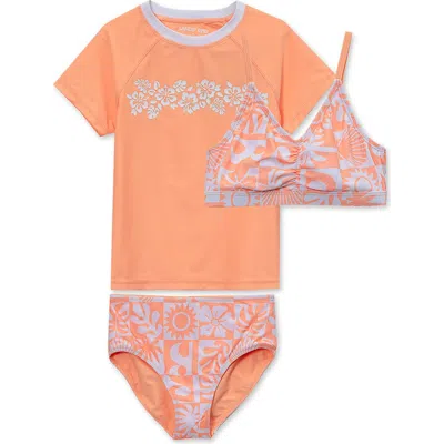 Lands' End Kids'  Girls Chlorine Resistant Short Sleeve Rash Guard 3 Piece Swimsuit Set In Orange