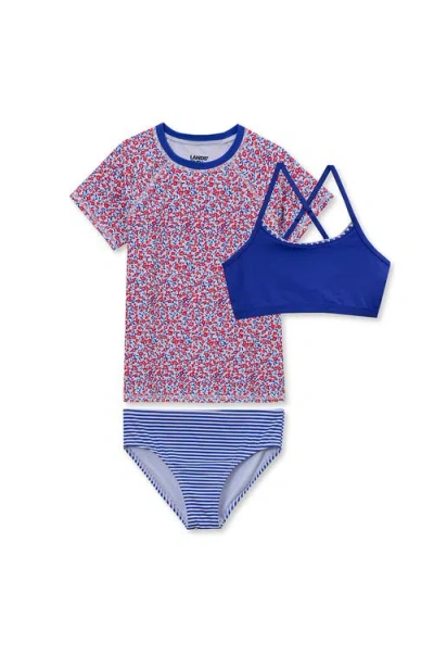 Lands' End Kids'  Girls Chlorine Resistant Short Sleeve Rash Guard Swim Top And Bikini Set In Blue