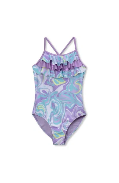 Lands' End Kids'  Girls Chlorine Resistant X-back Ruffle One Piece Swimsuit In Purple