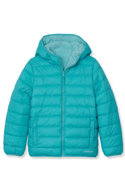 Lands' End Kids'  Girls Featherfree Reversible Hooded Jacket In Ceramic/aruba Blue